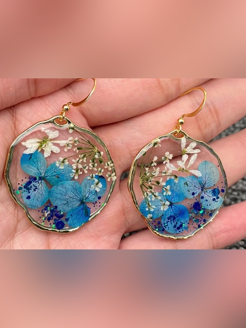 Handcrafted Blue Floral Resin Drop Earrings - Gold Edge